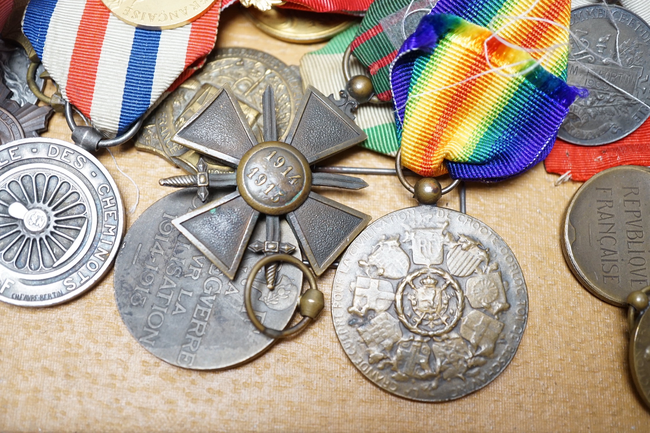 Eighteen French and Belgium medals, etc. including; Medal of Honour, War Cross, Medal of Honour for Physical Education, Victory Medal, etc.